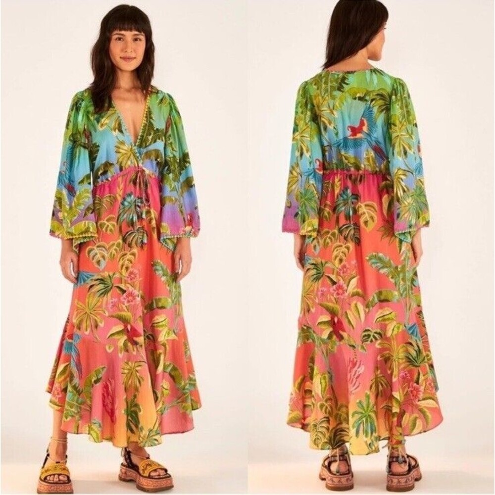🦜 FARM RIO Ombre Forest Ruffle Tunic Dress Multi Color Women’s Small